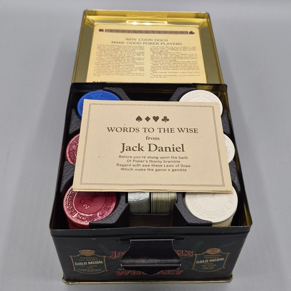 Jack Daniels Old No 7 Tennessee Whiskey Poker Chip Card Set in Vintage Metal Tin